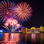 **Image Prompt:** Vibrant summer night in Macao. International fireworks competition with colorful explosions reflecting on the water. Crowds of people watching the show, excited atmosphere.