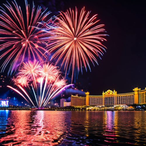 Home 11 **Image Prompt:** Vibrant summer night in Macao. International fireworks competition with colorful explosions reflecting on the water. Crowds of people watching the show, excited atmosphere.