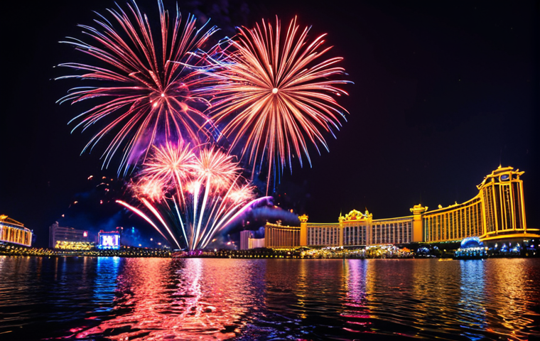 **Image Prompt:** Vibrant summer night in Macao. International fireworks competition with colorful explosions reflecting on the water. Crowds of people watching the show, excited atmosphere.