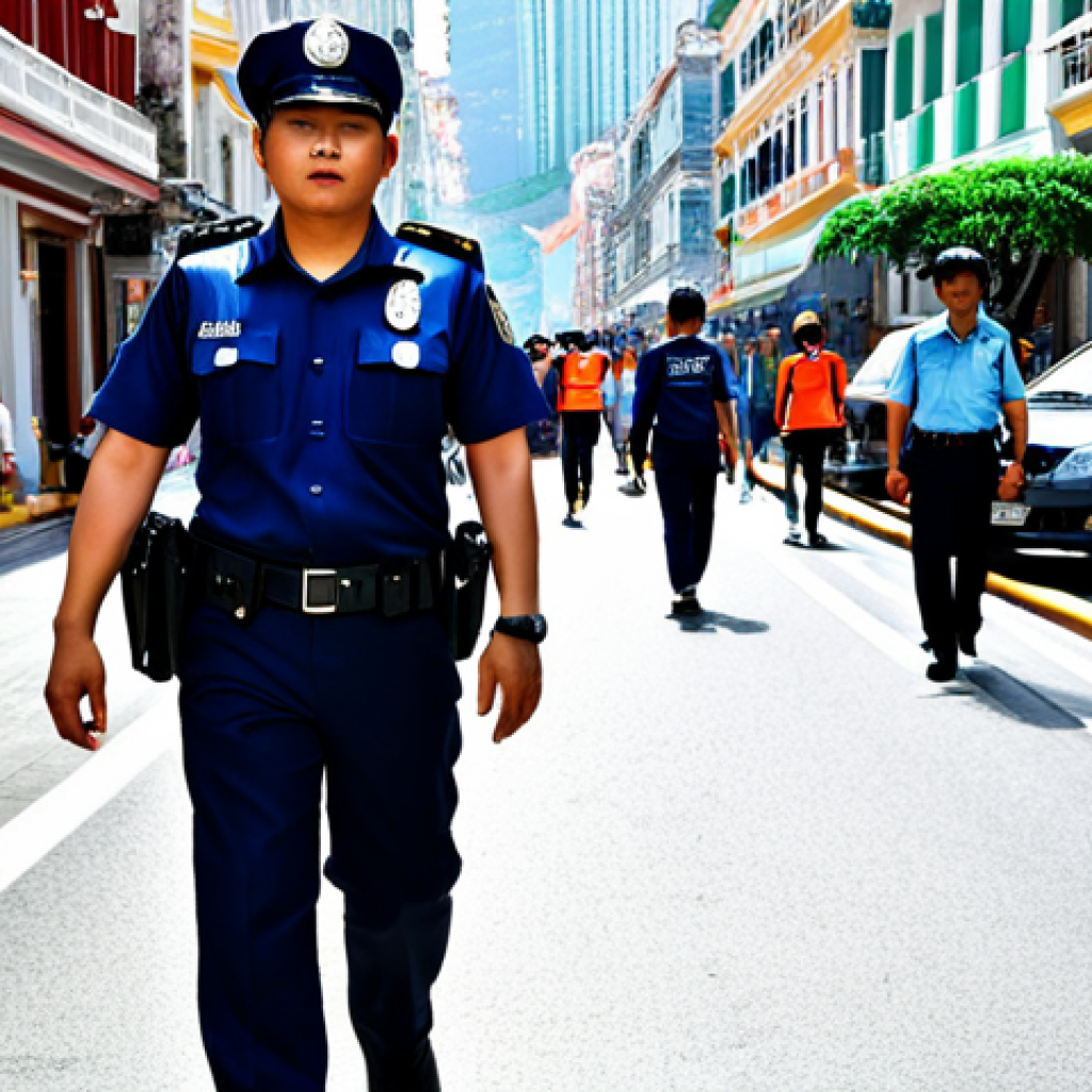 Police Presence in Macau**

"Macau cityscape, daytime, police officer in professional uniform patrolling a busy street with tourists, fully clothed, appropriate attire, safe for work, professional, perfect anatomy, natural proportions, high quality, bright lighting, reassuring atmosphere."

**