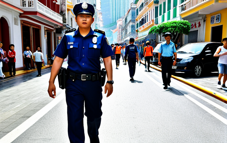 Police Presence in Macau**

"Macau cityscape, daytime, police officer in professional uniform patrolling a busy street with tourists, fully clothed, appropriate attire, safe for work, professional, perfect anatomy, natural proportions, high quality, bright lighting, reassuring atmosphere."

**