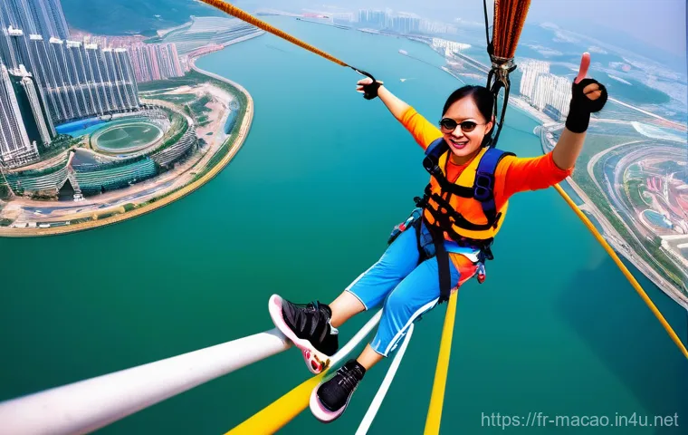 마카오 타워 번지점프 체험 - **"The Edge of Awe at Macau Tower"**
    A person stands on the outdoor bungee jumping platform of t...