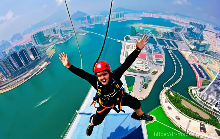 마카오 타워 번지점프 체험 - **"The Edge of Awe at Macau Tower"**
    A person stands on the outdoor bungee jumping platform of t...