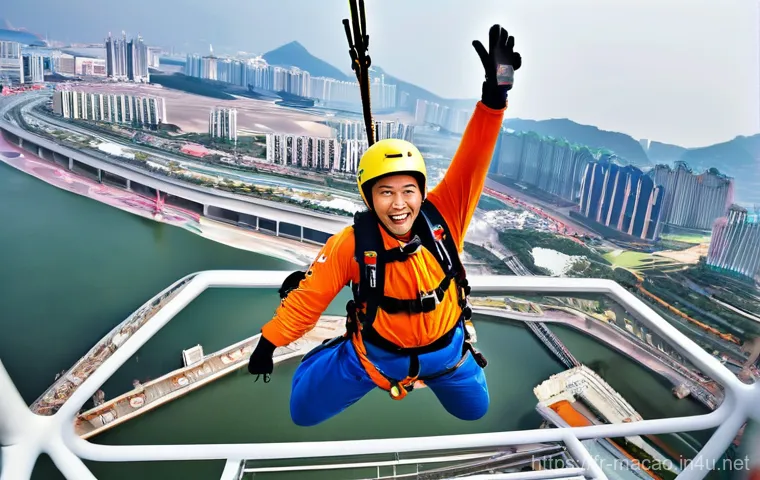 마카오 타워 번지점프 체험 - **"Defying Gravity: Freefall from Macau Tower"**
    A dynamic, high-angle shot captures a person in...