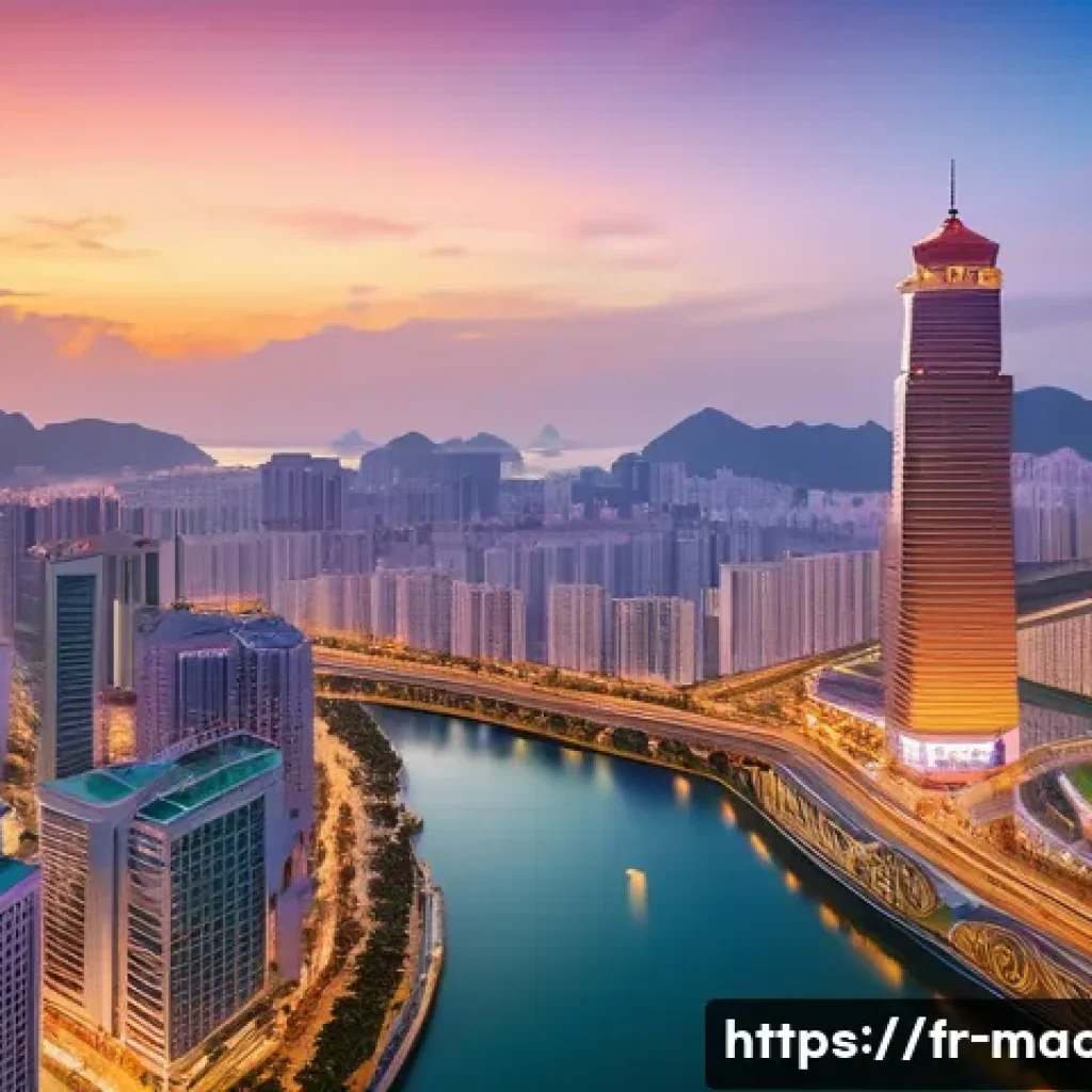 마카오의 금융 산업 발전 - A futuristic financial district in Macau at dusk, showcasing sleek skyscrapers with digital billboar...