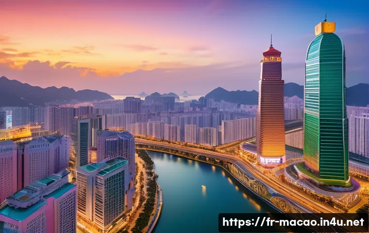 마카오의 금융 산업 발전 - A futuristic financial district in Macau at dusk, showcasing sleek skyscrapers with digital billboar...