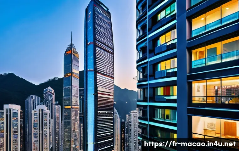 홍콩과 마카오 생활비 비교 - A detailed urban scene showcasing the luxury and compactness of apartments in Central Hong Kong: tow...