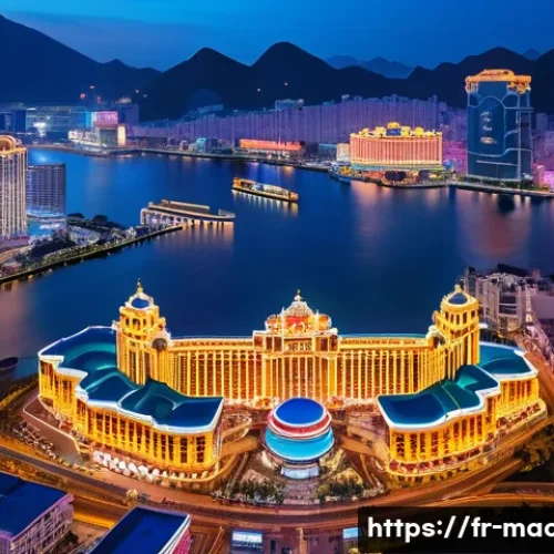 마카오와 세계 유사 도시 비교 - A vibrant aerial view of Macau’s casino district at night, showcasing brightly illuminated, ultra-mo...