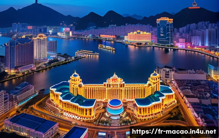 마카오와 세계 유사 도시 비교 - A vibrant aerial view of Macau’s casino district at night, showcasing brightly illuminated, ultra-mo...