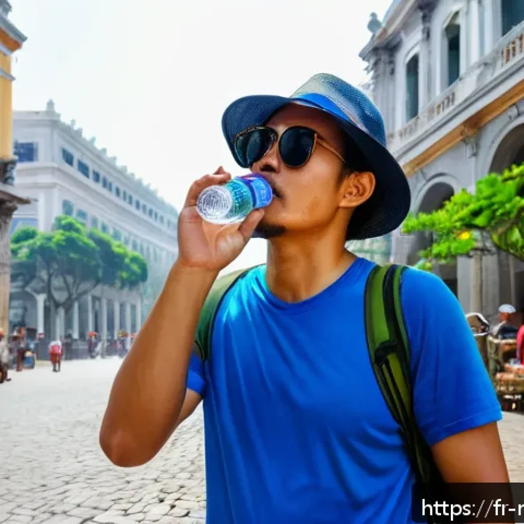 마카오 여행자 보험 필수 여부 - A detailed scene depicting a tourist in Macau experiencing a sudden heatstroke during a humid summer...