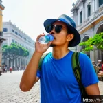 마카오 여행자 보험 필수 여부 - A detailed scene depicting a tourist in Macau experiencing a sudden heatstroke during a humid summer...
