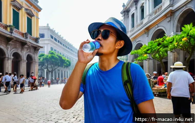 마카오 여행자 보험 필수 여부 - A detailed scene depicting a tourist in Macau experiencing a sudden heatstroke during a humid summer...