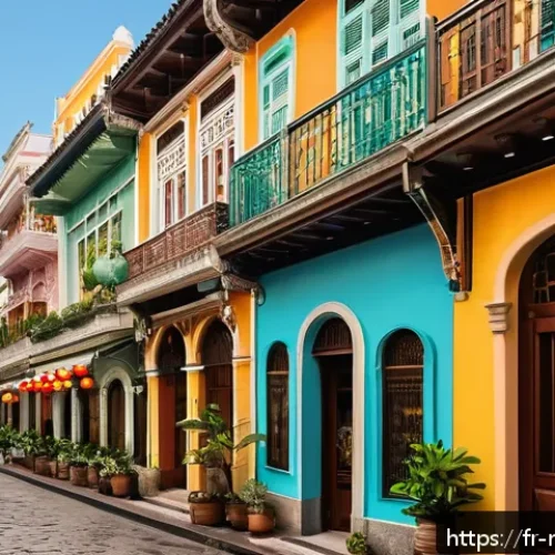 마카오의 유네스코 세계문화유산 - A vibrant street scene in the historic center of Macau, showcasing narrow cobblestone alleys lined w...