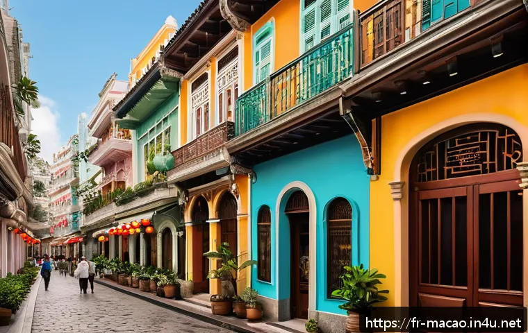 마카오의 유네스코 세계문화유산 - A vibrant street scene in the historic center of Macau, showcasing narrow cobblestone alleys lined w...