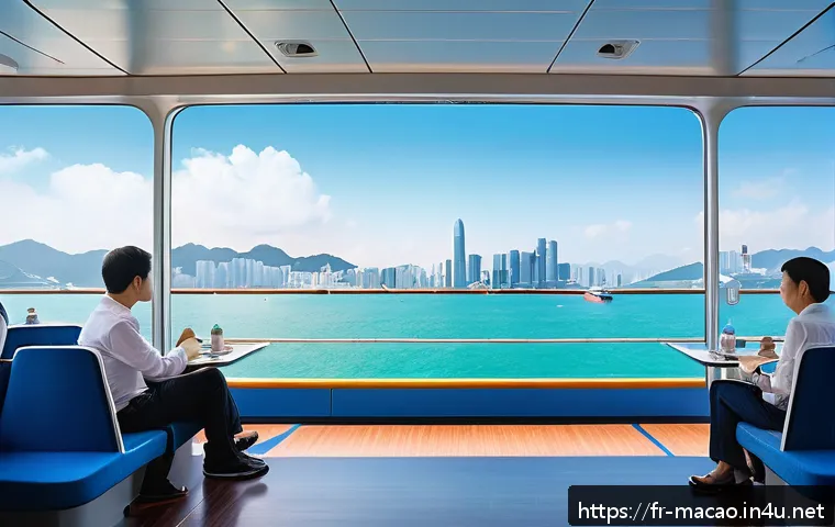 마카오와 홍콩 교통 연결 방법 - A sleek modern ferry crossing the calm waters between Macao and Hong Kong on a bright sunny day, pas...